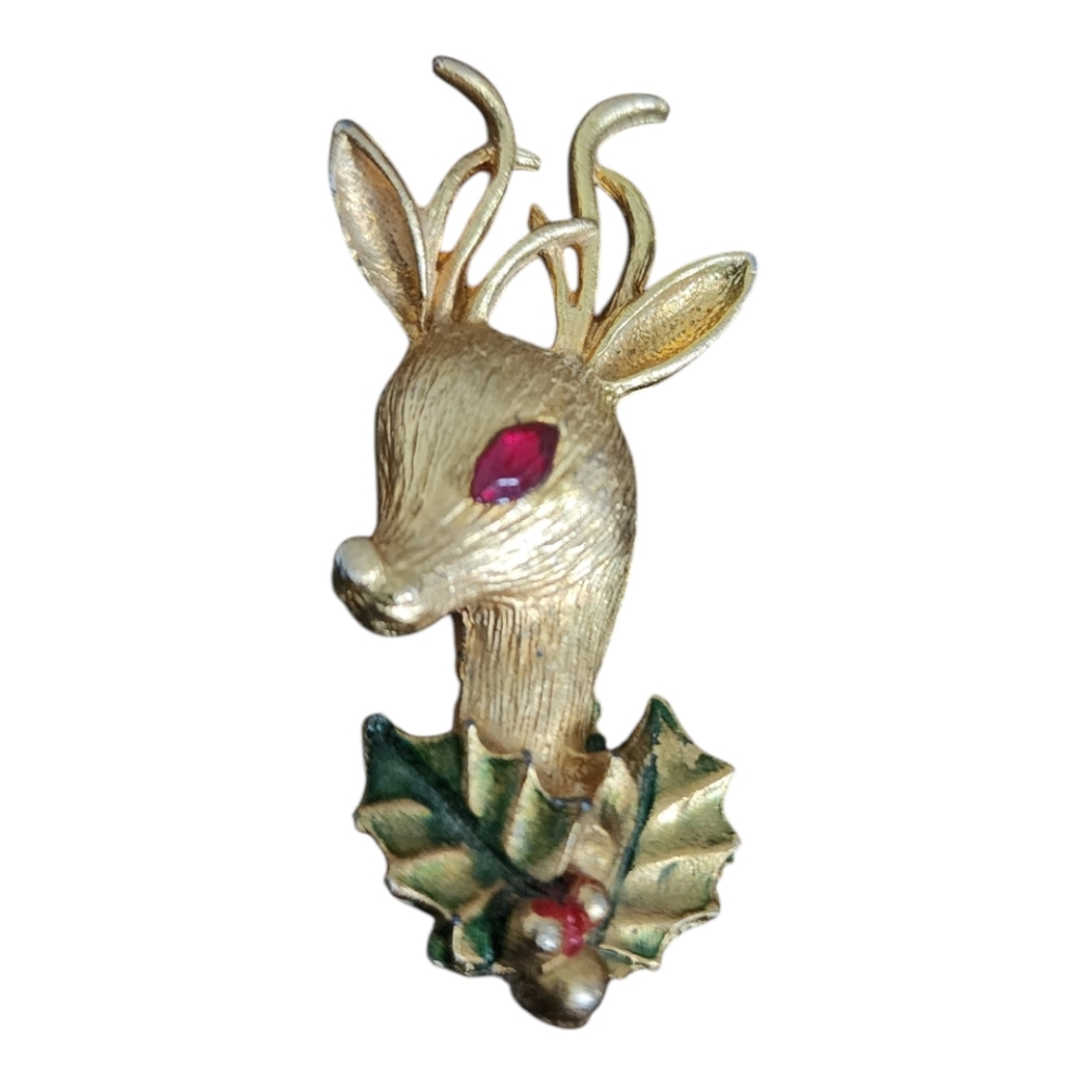 Vintage Gold Tone Reindeer Christmas Brooch